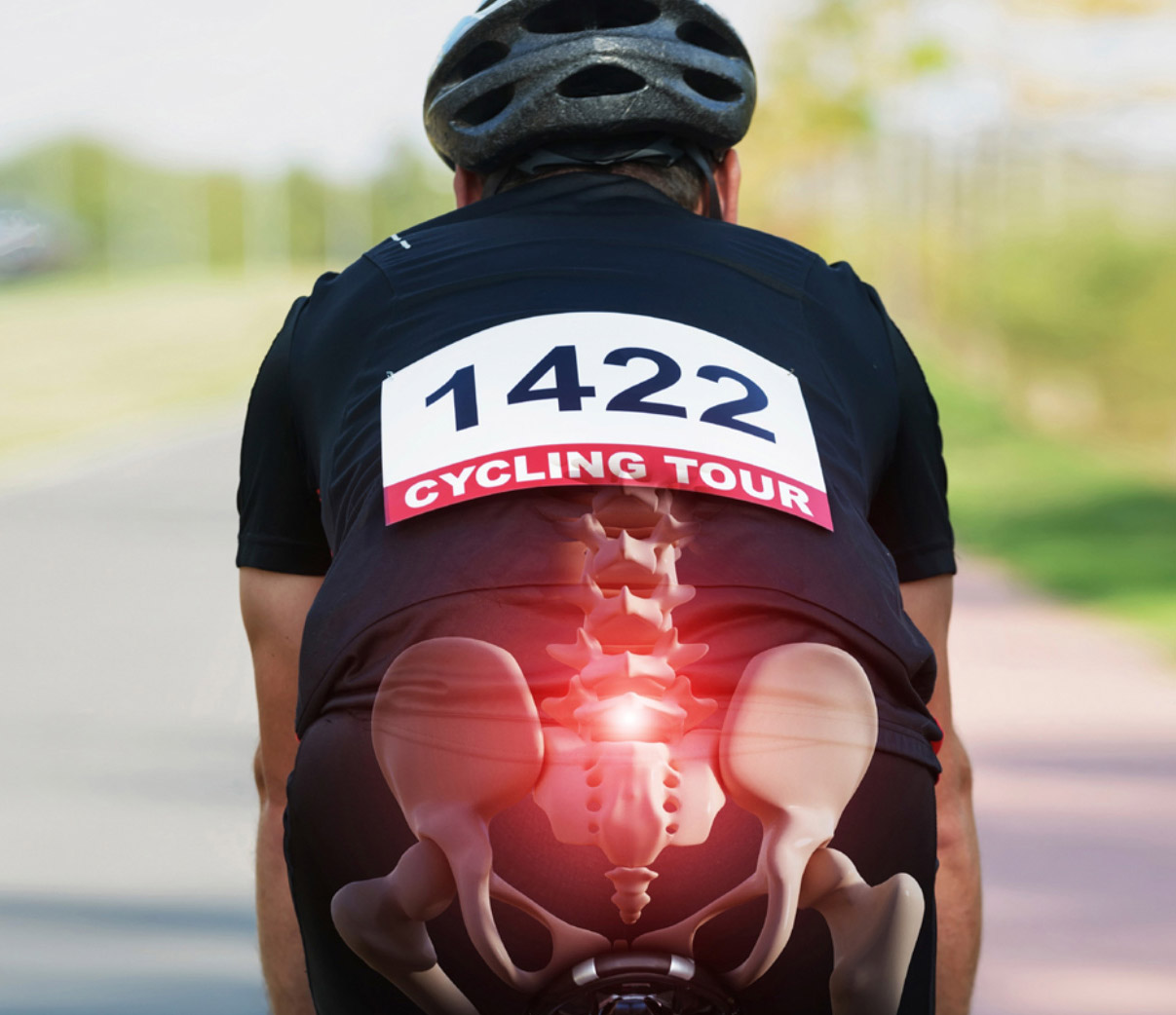 The back of a cyclist is pictured with a superimposed skeletal image of the cyclist's lower spine and pelvis highlighted in red. Overlaying this image are the letters CTX and the words Chiropractic below to represent the relevant chiropractic treatment services offered.